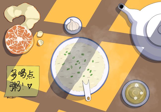An image of congee on a table with an orange, hot tea, garlic and a sticky note next to it.