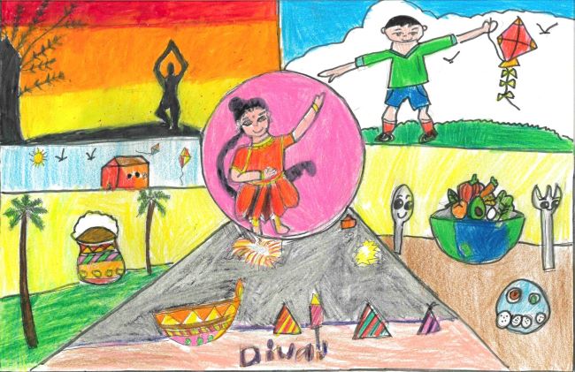A hand-drawn image. The picture is a depiction of festivals (Diwali and Pongal-harvest festival), art (Bharatanatyam dance), food and culture (yoga) celebrated in various parts of India as a way of life.