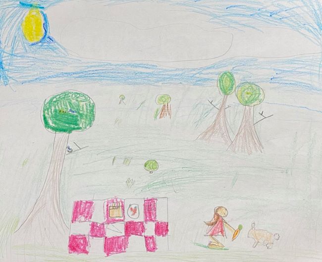 A hand-drawn image of a community park. There are trees, a picnic blanket with food, and a girl sharing a carrot with a rabbit.