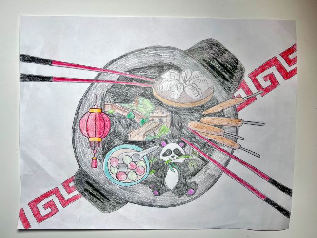 A hand-drawn image of a bowl with dumplings in it, a red lantern, a panda, and carrots. There are chopsticks in the bowl and a red marking in the background.