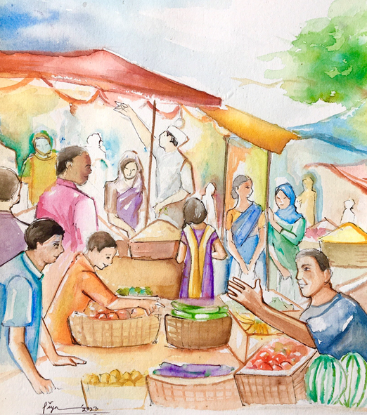An image of a Bangladeshi market with people selling and sharing food.