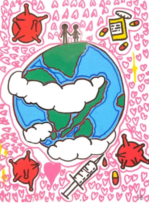 A drawing earth with clouds and two people standing on top on the earth. In the background, there are pink hearts, a syringe, and medication.