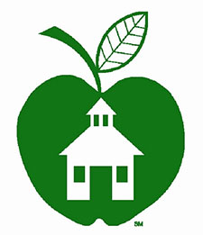 logo, Healthy Schools Network, schoolhouse inside apple