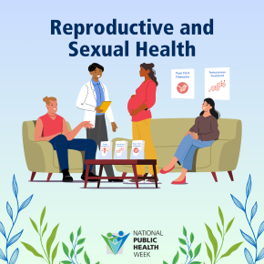 'Reproductive and Sexual Health' with an illustration of a doctor with a pregnant patient and others in a waiting room with signs and brochures about 'Your First Trimester,' 'Testosterone Treatment' and 'Ectopic Pregnancy.' The NPHW logo is below, with a design of vines around.