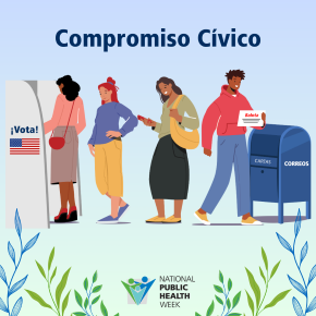 "Compromiso cívico" con una ilustración de personas esperando en la fila para votar y una persona que está enviando su voto por correo.  El logotipo de NPHW está situado debajo y tiene un diseño de hojas de enredadera alrededor.