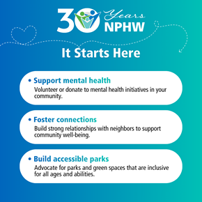 Graphic celebrating 30 years of National Public Health Week (NPHW) with the theme ‘It Starts Here.’ The background features a gradient blue-to-teal design. At the top, a ‘30 Years NPHW’ logo includes a circular icon with people and a dotted heart-shaped line that adds a decorative element to the background. Below, three action items are listed in rounded white boxes: 1.	Support mental health: Volunteer or donate to mental health initiatives in your community.’ 2.	Foster connections: Build strong relationships with neighbors to support community well-being.’ 3.	Build accessible parks: Advocate for parks and green spaces that are inclusive for all ages and abilities.